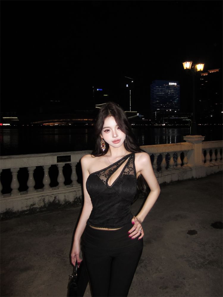 One Shoulder Cutout Lace Top - Sleeveless