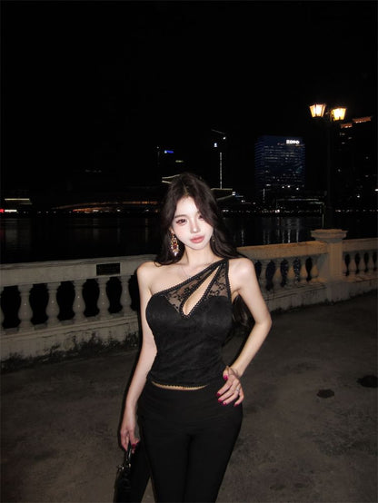One Shoulder Cutout Lace Top - Sleeveless