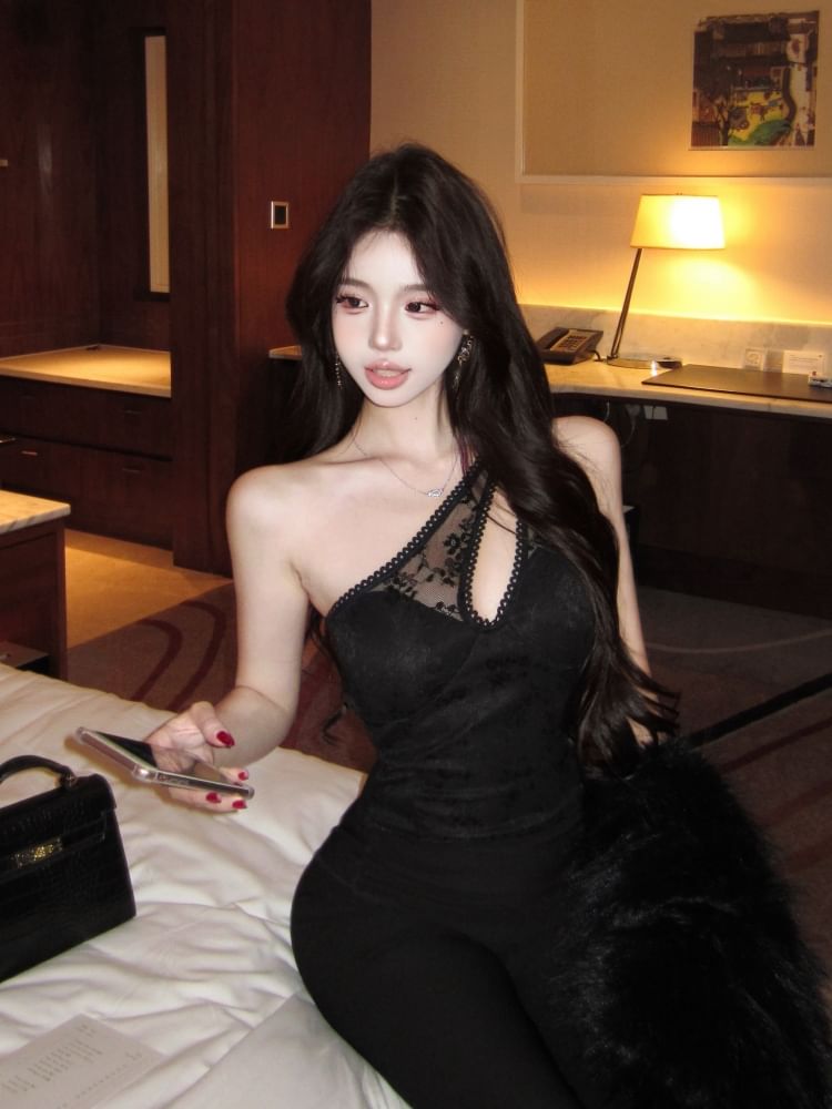 One Shoulder Cutout Lace Top - Sleeveless