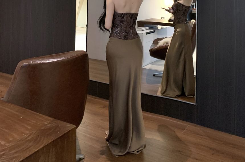 Tube Bustier Top and High Waist Satin Pencil Skirt