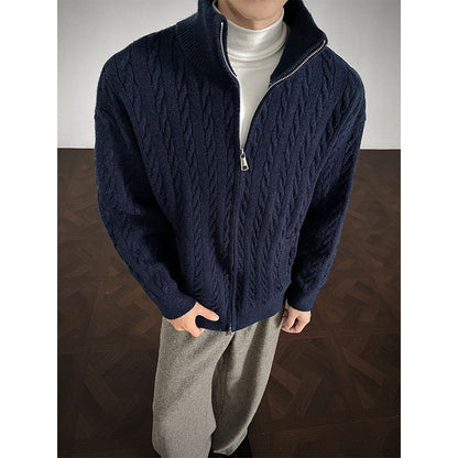 Couple Matching Stand Collar Plain Cable Knit Zip Cardigan
