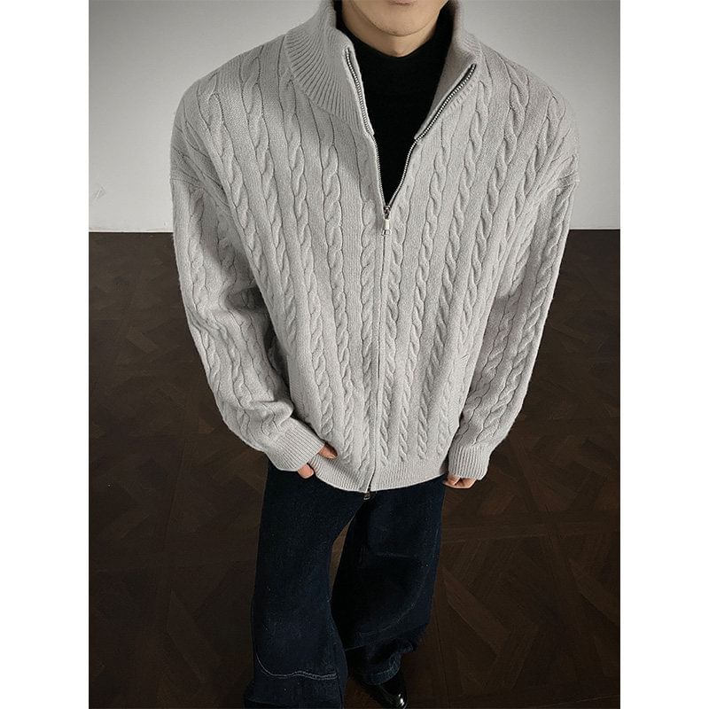 Couple Matching Stand Collar Plain Cable Knit Zip Cardigan