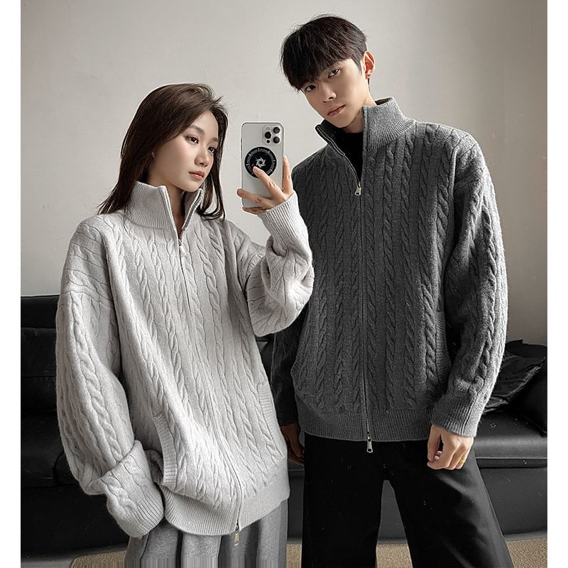 Couple Matching Stand Collar Plain Cable Knit Zip Cardigan