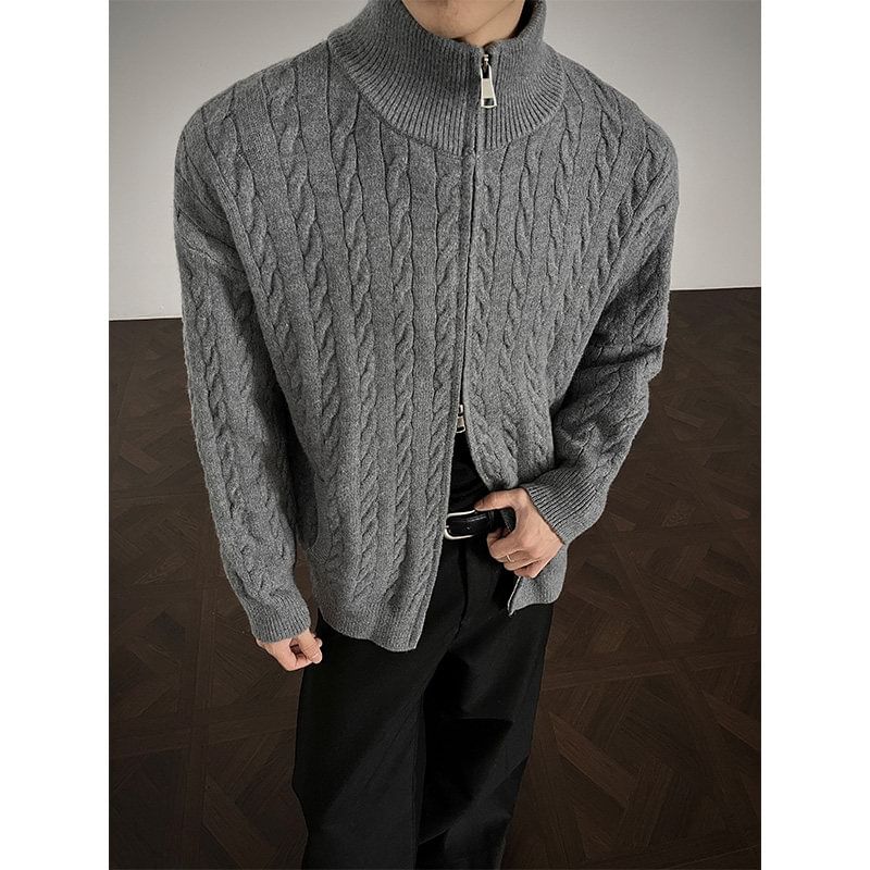 Couple Matching Stand Collar Plain Cable Knit Zip Cardigan