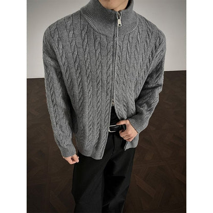 Couple Matching Stand Collar Plain Cable Knit Zip Cardigan