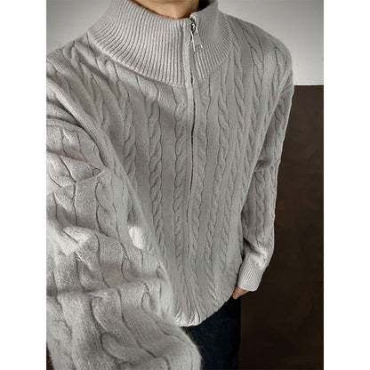 Couple Matching Stand Collar Plain Cable Knit Zip Cardigan