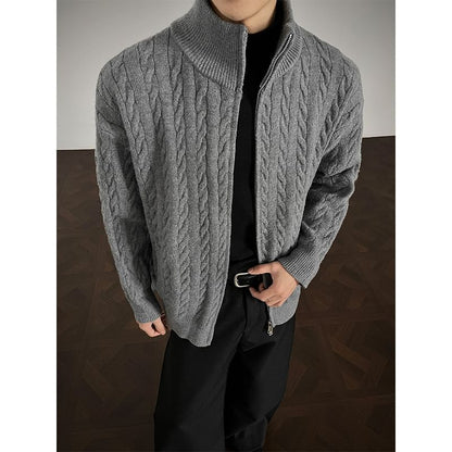 Couple Matching Stand Collar Plain Cable Knit Zip Cardigan