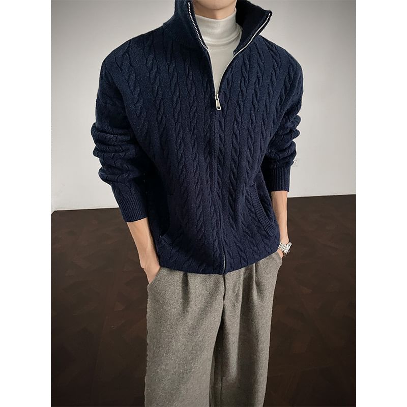 Couple Matching Stand Collar Plain Cable Knit Zip Cardigan