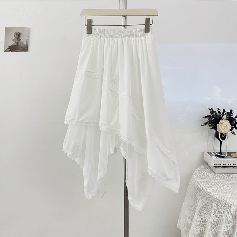 High-Waist Lace-Trim Mesh Asymmetric Hem A-Line Midi Skirt