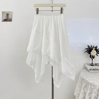 High-Waist Lace-Trim Mesh Asymmetric Hem A-Line Midi Skirt