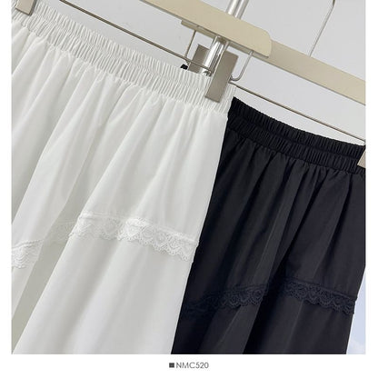 High-Waist Lace-Trim Mesh Asymmetric Hem A-Line Midi Skirt