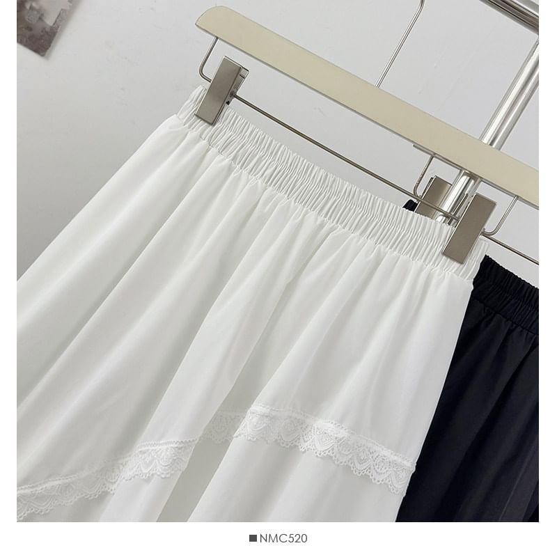 High-Waist Lace-Trim Mesh Asymmetric Hem A-Line Midi Skirt