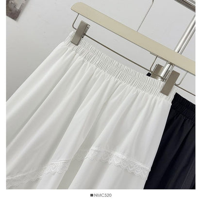 High-Waist Lace-Trim Mesh Asymmetric Hem A-Line Midi Skirt