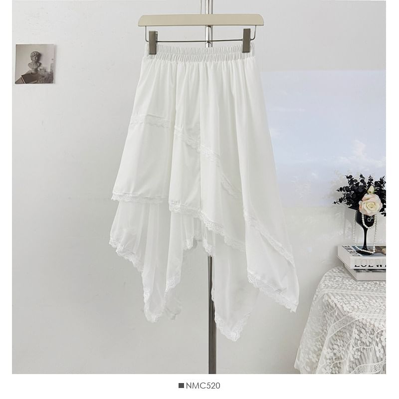 High-Waist Lace-Trim Mesh Asymmetric Hem A-Line Midi Skirt