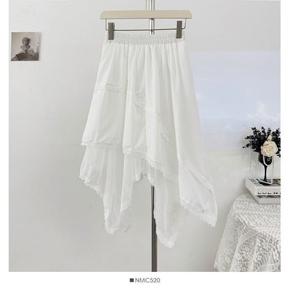 High-Waist Lace-Trim Mesh Asymmetric Hem A-Line Midi Skirt