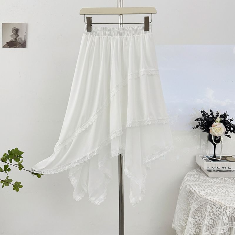 High-Waist Lace-Trim Mesh Asymmetric Hem A-Line Midi Skirt