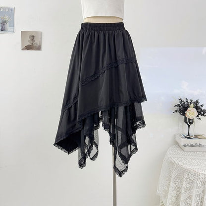 High-Waist Lace-Trim Mesh Asymmetric Hem A-Line Midi Skirt