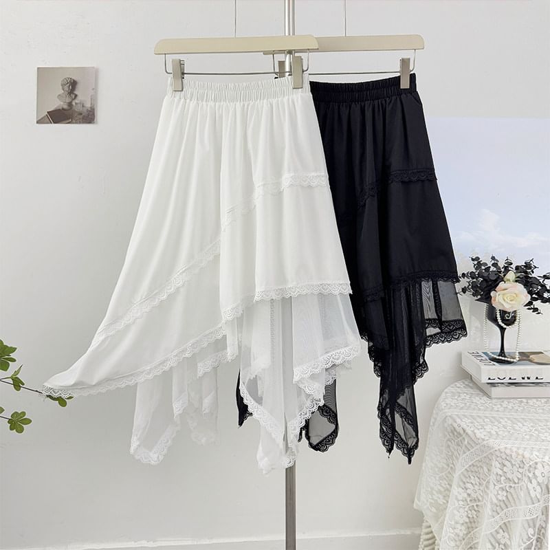 High-Waist Lace-Trim Mesh Asymmetric Hem A-Line Midi Skirt