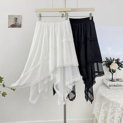 High-Waist Lace-Trim Mesh Asymmetric Hem A-Line Midi Skirt