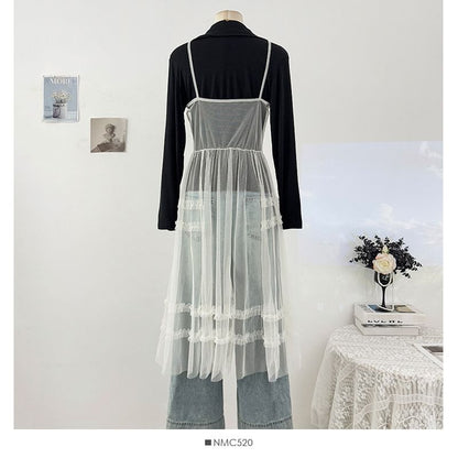 Spaghetti Strap Plain Sheer Midi A-Line Dress