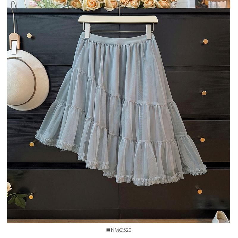Sheer Asymmetric Hem Mini A-Line Skirt