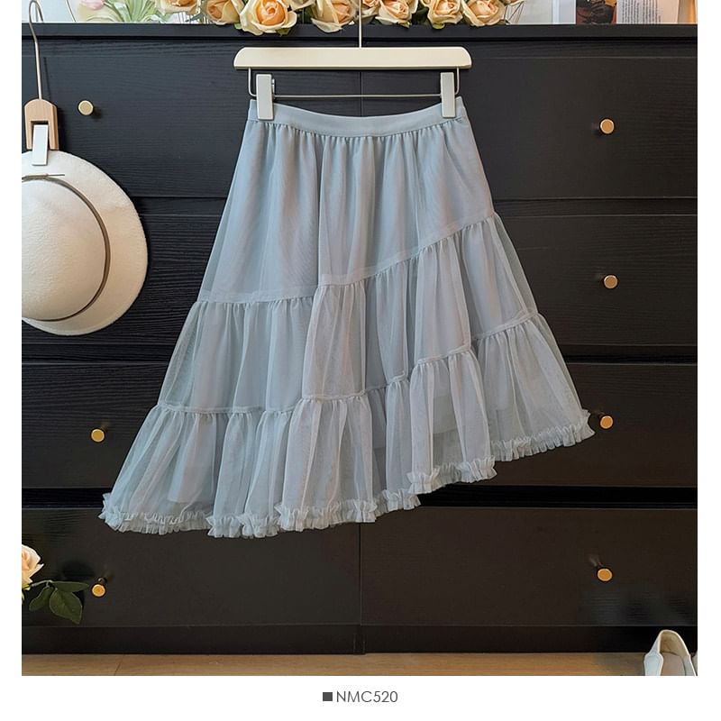 Sheer Asymmetric Hem Mini A-Line Skirt