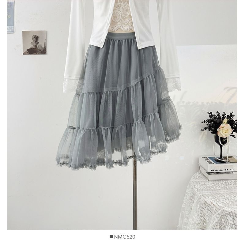 Sheer Asymmetric Hem Mini A-Line Skirt