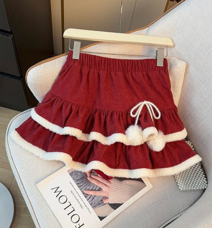 Corduroy Layered Mini Skirt with Furry Trim