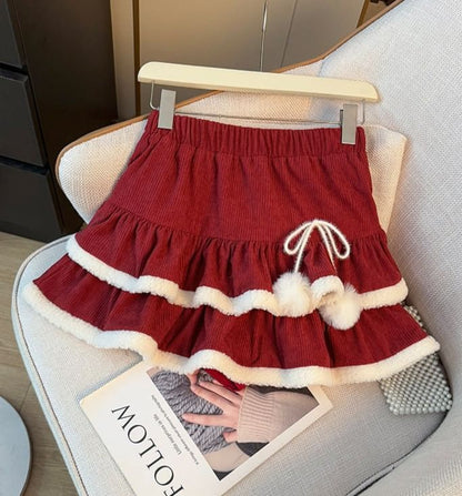 Corduroy Layered Mini Skirt with Furry Trim