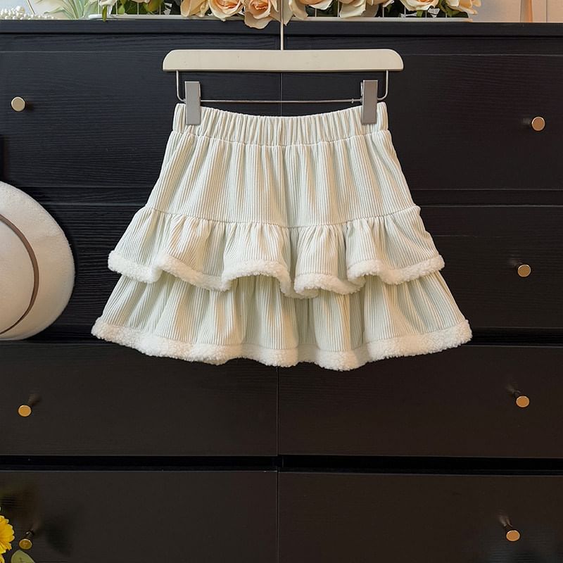 Corduroy Layered Mini Skirt with Furry Trim