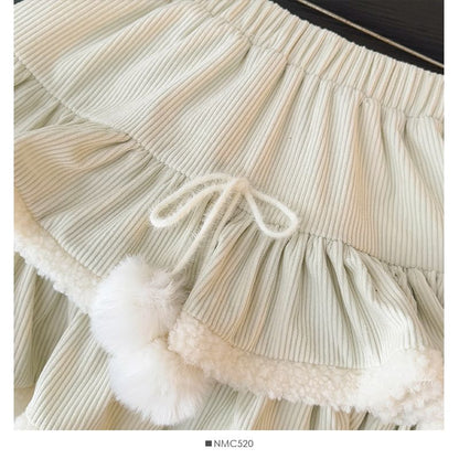 Corduroy Layered Mini Skirt with Furry Trim