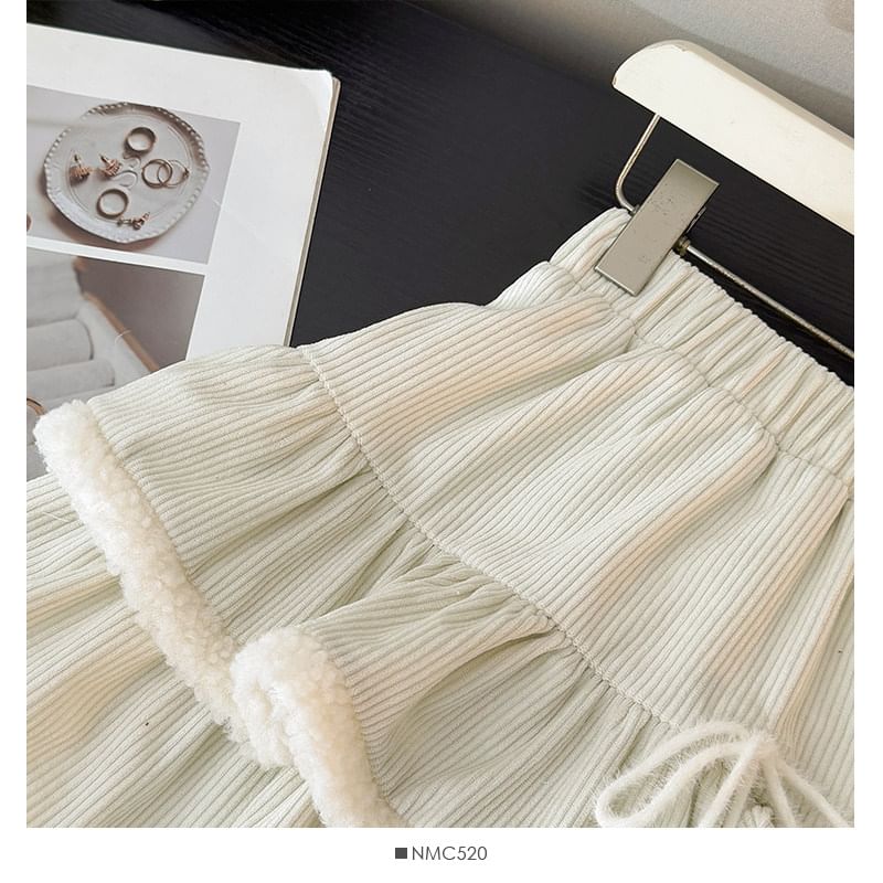 Corduroy Layered Mini Skirt with Furry Trim