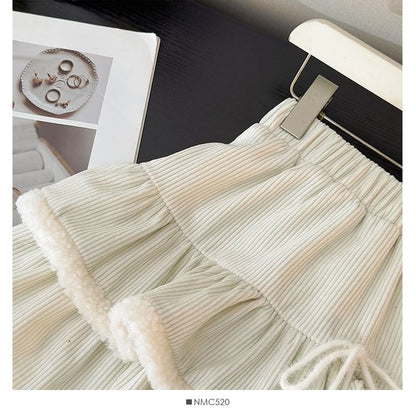 Corduroy Layered Mini Skirt with Furry Trim