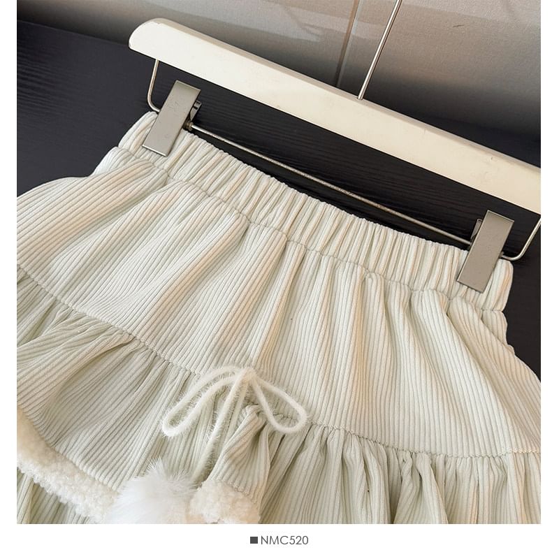 Corduroy Layered Mini Skirt with Furry Trim