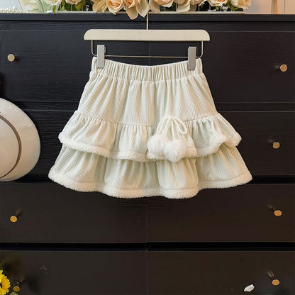 Corduroy Layered Mini Skirt with Furry Trim