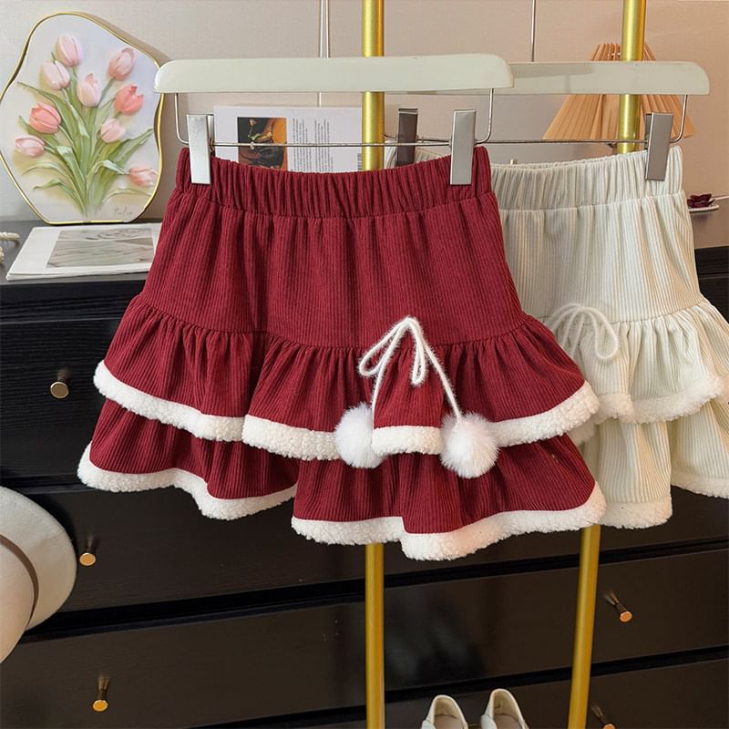Corduroy Layered Mini Skirt with Furry Trim