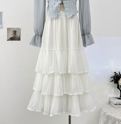 Lace Trim Mesh Maxi A-Line Skirt