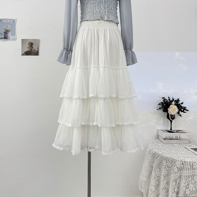 Lace Trim Mesh Maxi A-Line Skirt