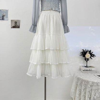 Lace Trim Mesh Maxi A-Line Skirt
