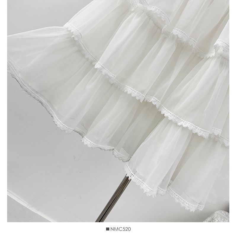 Lace Trim Mesh Maxi A-Line Skirt