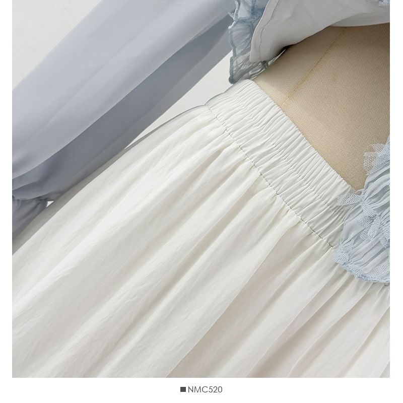Lace Trim Mesh Maxi A-Line Skirt