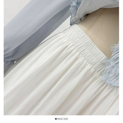 Lace Trim Mesh Maxi A-Line Skirt