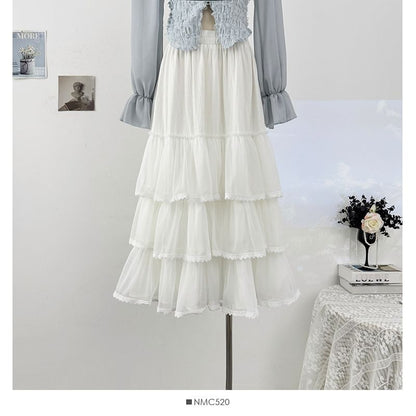 Lace Trim Mesh Maxi A-Line Skirt