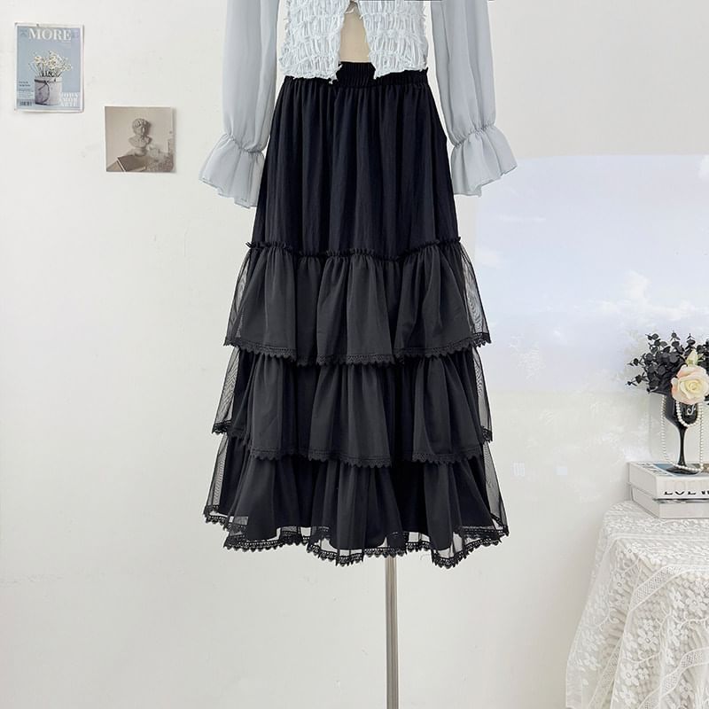 Lace Trim Mesh Maxi A-Line Skirt