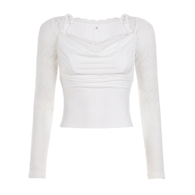Long Sleeve Cowl Neck Lace Panel Slim-Fit Crop Top