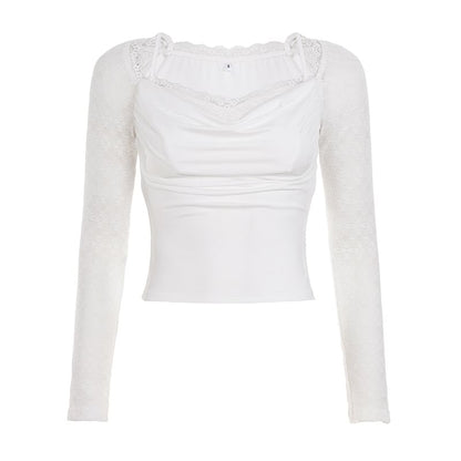 Long Sleeve Cowl Neck Lace Panel Slim-Fit Crop Top