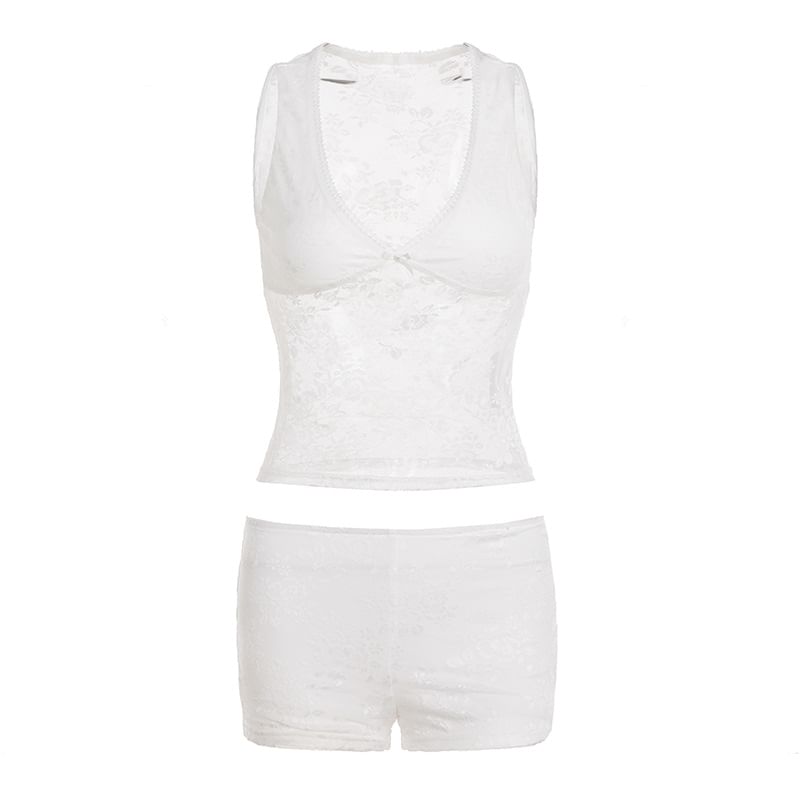 Set: V-Neck Plain Lace Crop Tank Top + Low Waist Hot Pants