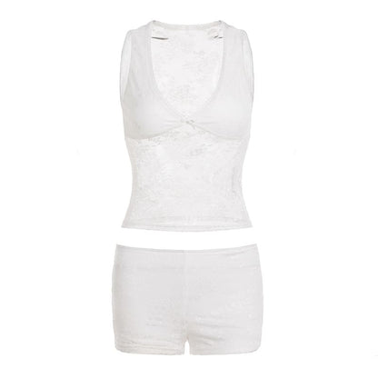 Set: V-Neck Plain Lace Crop Tank Top + Low Waist Hot Pants