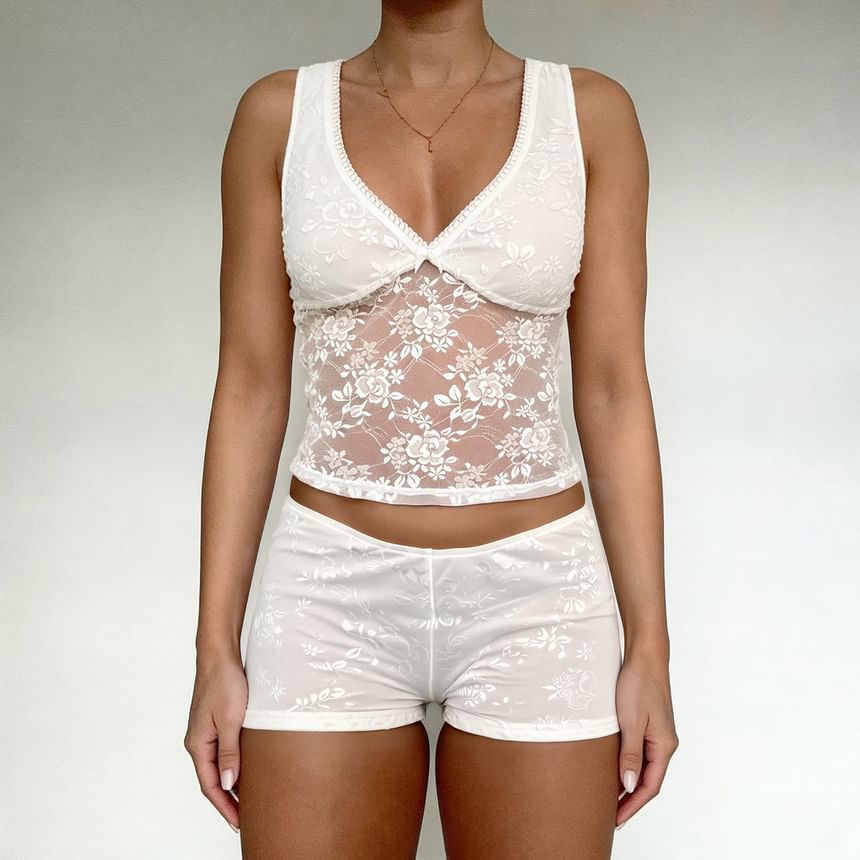 Set: V-Neck Plain Lace Crop Tank Top + Low Waist Hot Pants