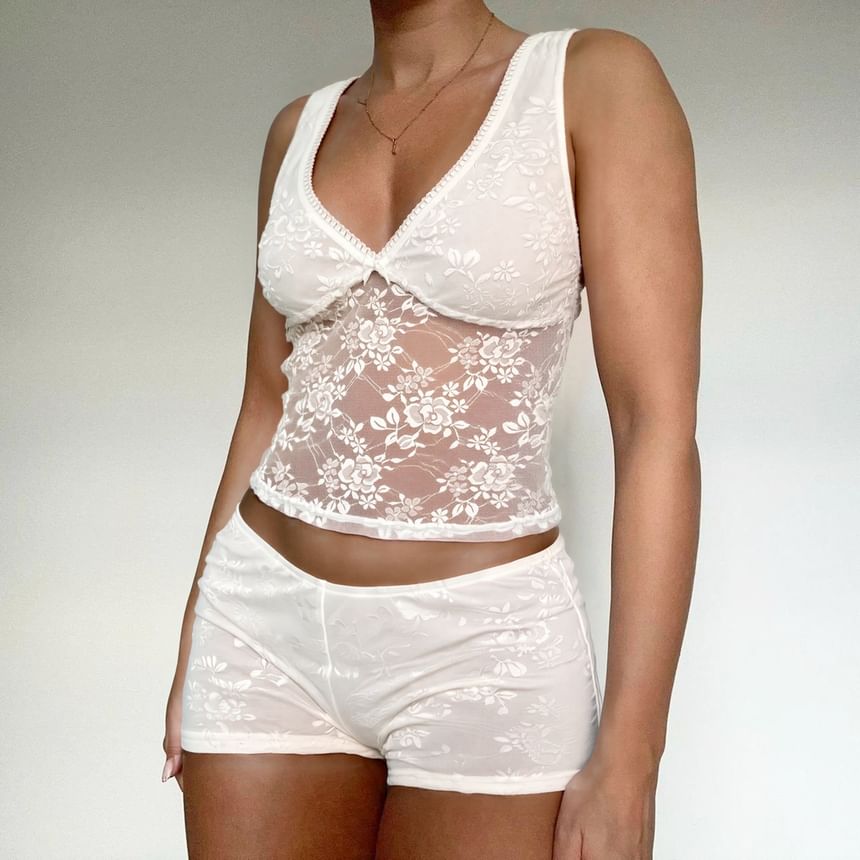 Set: V-Neck Plain Lace Crop Tank Top + Low Waist Hot Pants